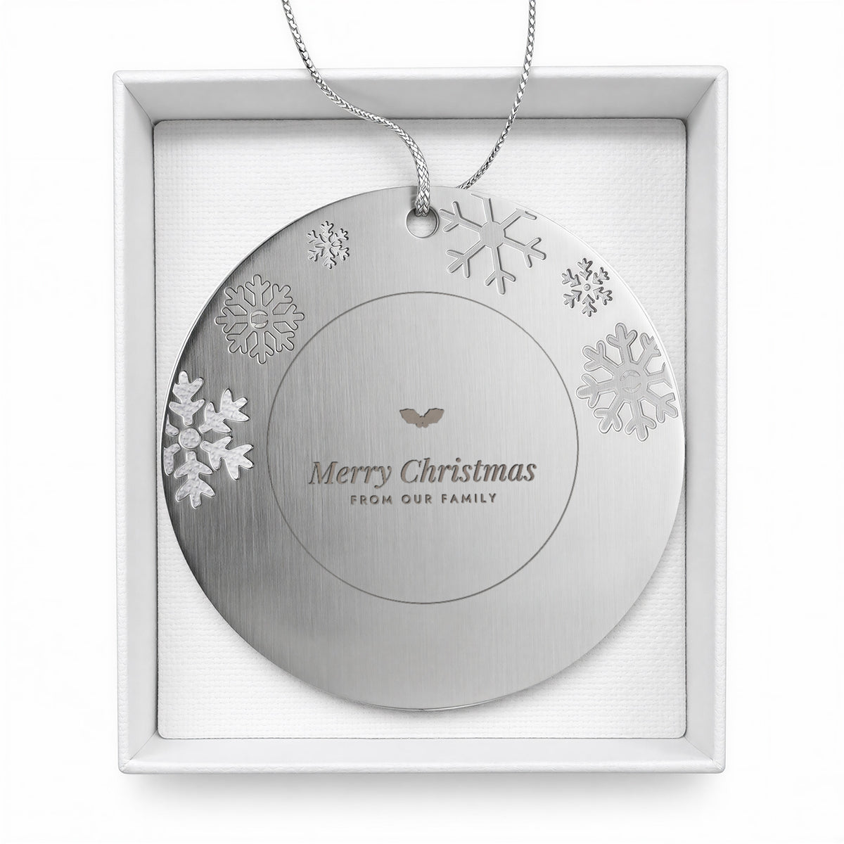 Merry Christmas from Our Family ornament in white gift box