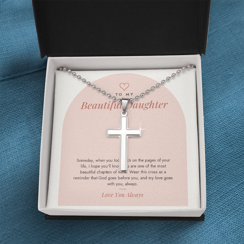 Cross necklace for daughter on Chapters card in open gift box