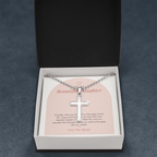 Cross necklace for daughter on Chapters card in gift box, close-up