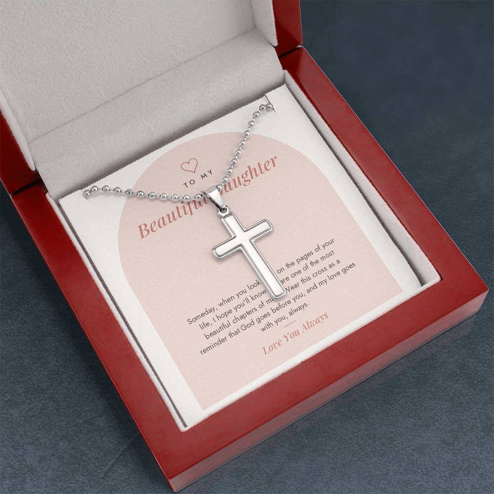 Cross necklace for daughter in open mahogany luxury box
