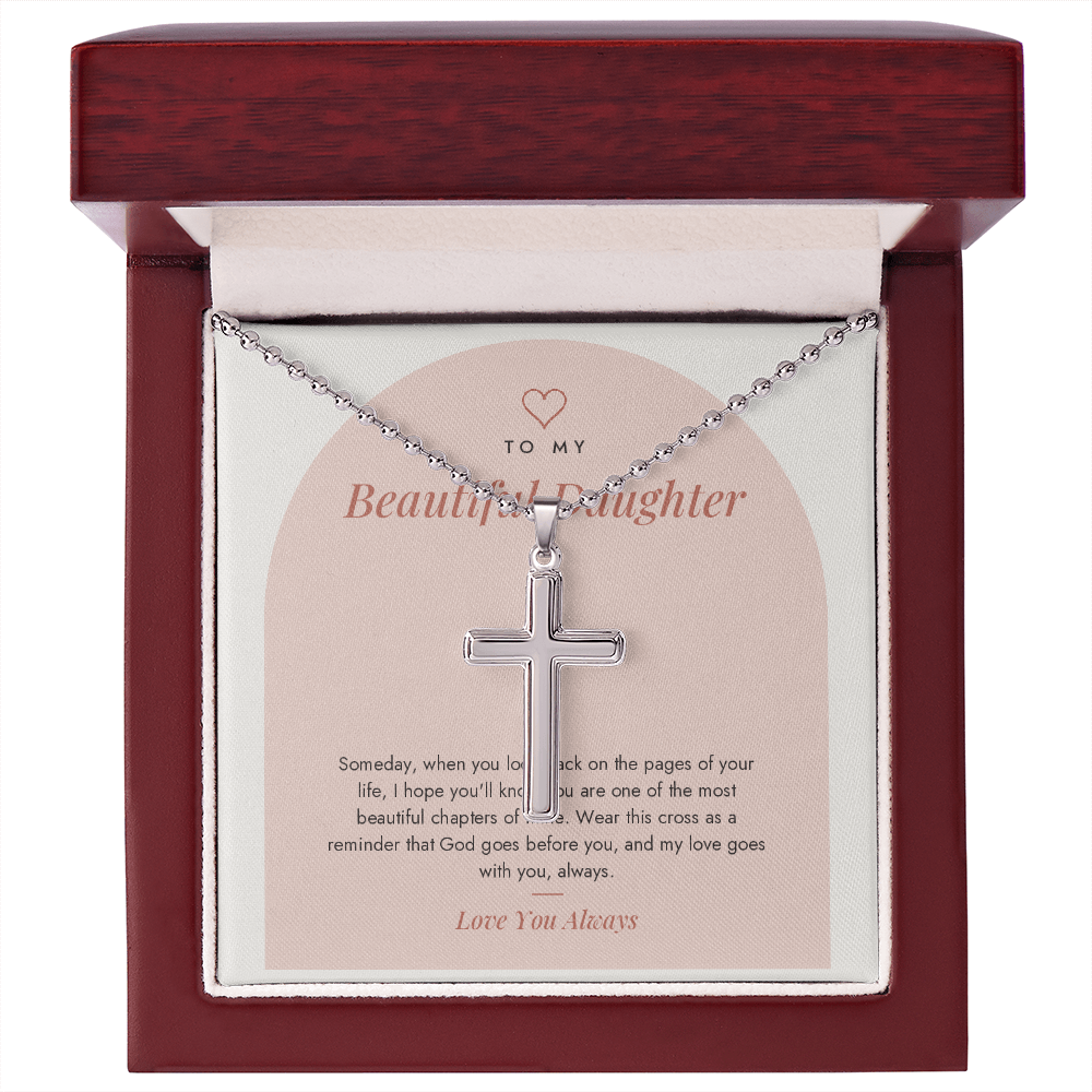 Cross necklace for daughter on Chapters card in mahogany luxury box