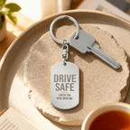 Engraved dog tag keychain for Son, stainless steel on stone tray with keys
