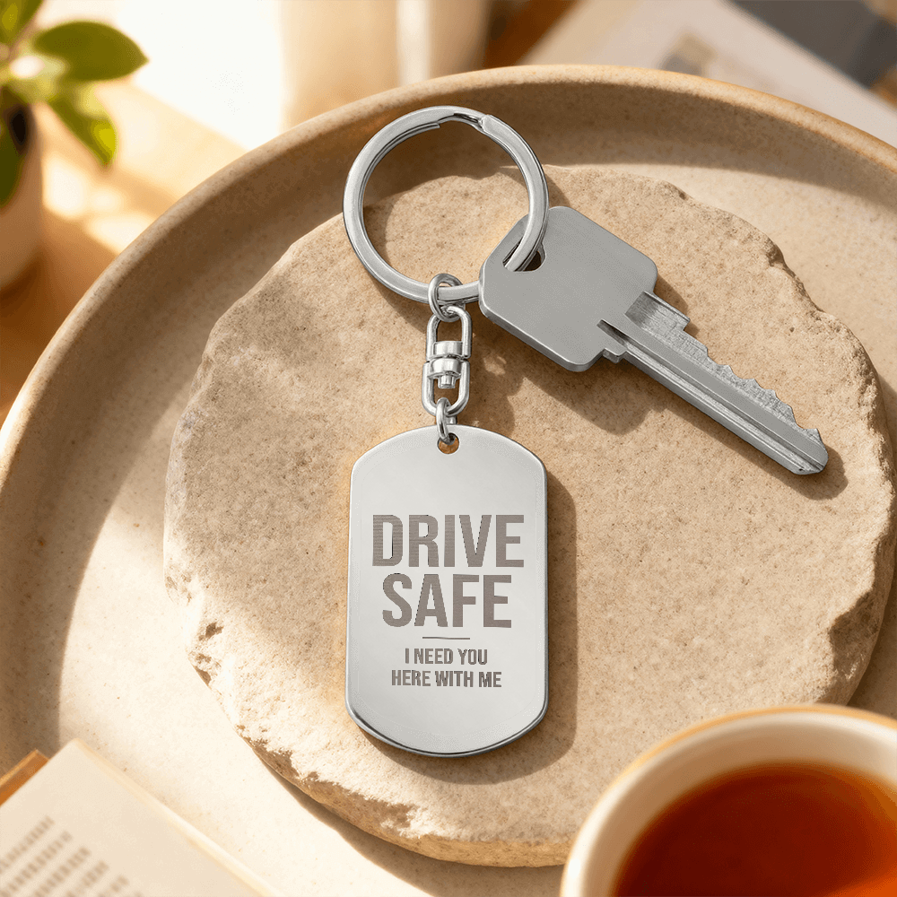 Engraved dog tag keychain for Son, stainless steel on stone tray with keys