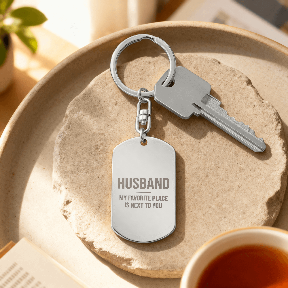 Engraved dog tag keychain for Husband, stainless steel on stone tray with keys