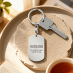 Engraved dog tag keychain for Husband, stainless steel on stone tray with keys