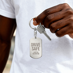 Engraved dog tag keychain for Son, stainless steel held in hand