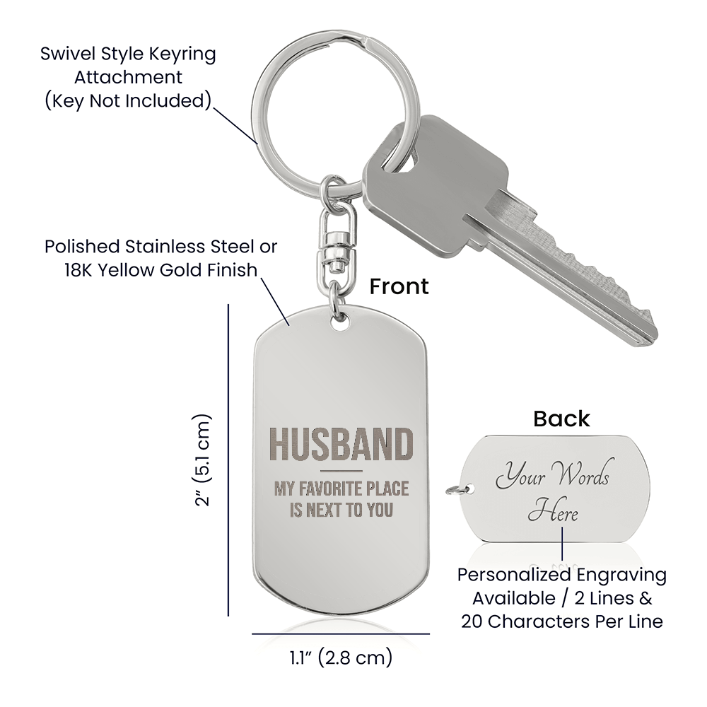 Engraved dog tag keychain for Husband, size and engraving details chart