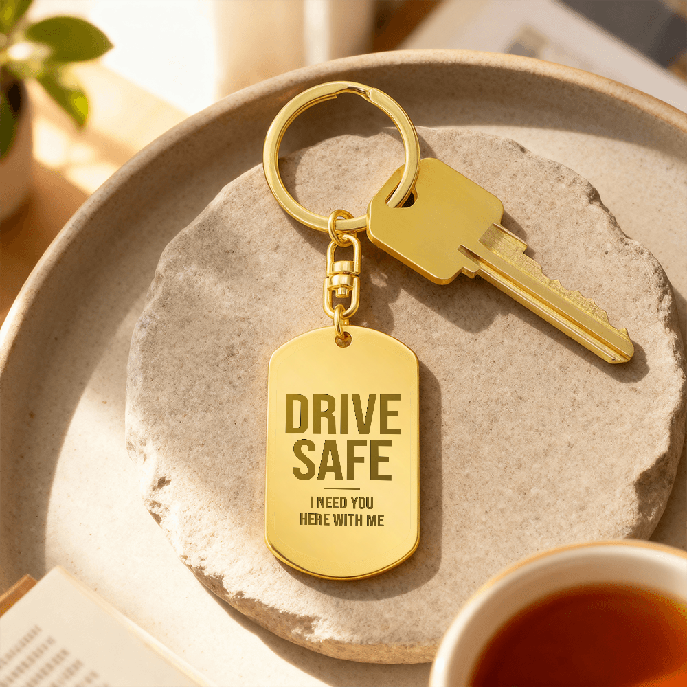 Engraved dog tag keychain for Son, 18K gold finish on stone tray with keys