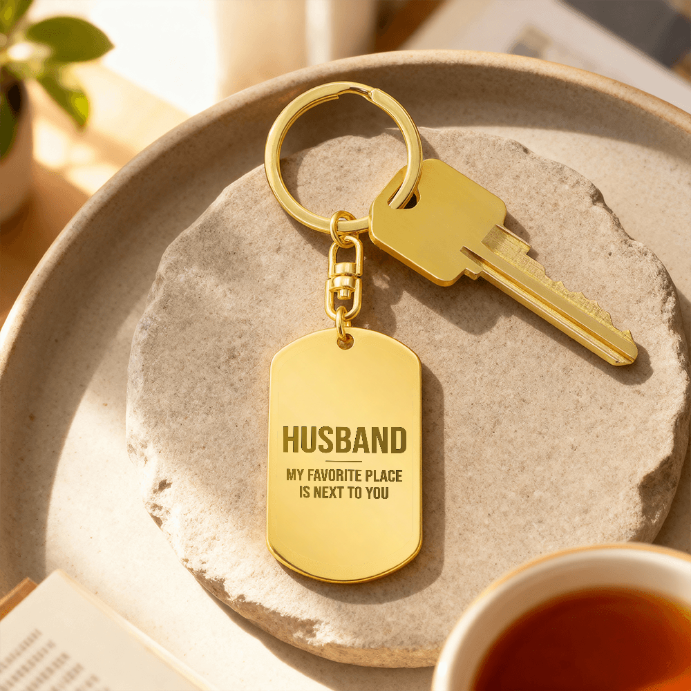 Engraved dog tag keychain for Husband, 18K gold finish on stone tray with keys
