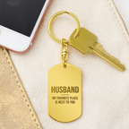 Engraved dog tag keychain for Husband, 18K gold finish on fabric with phone