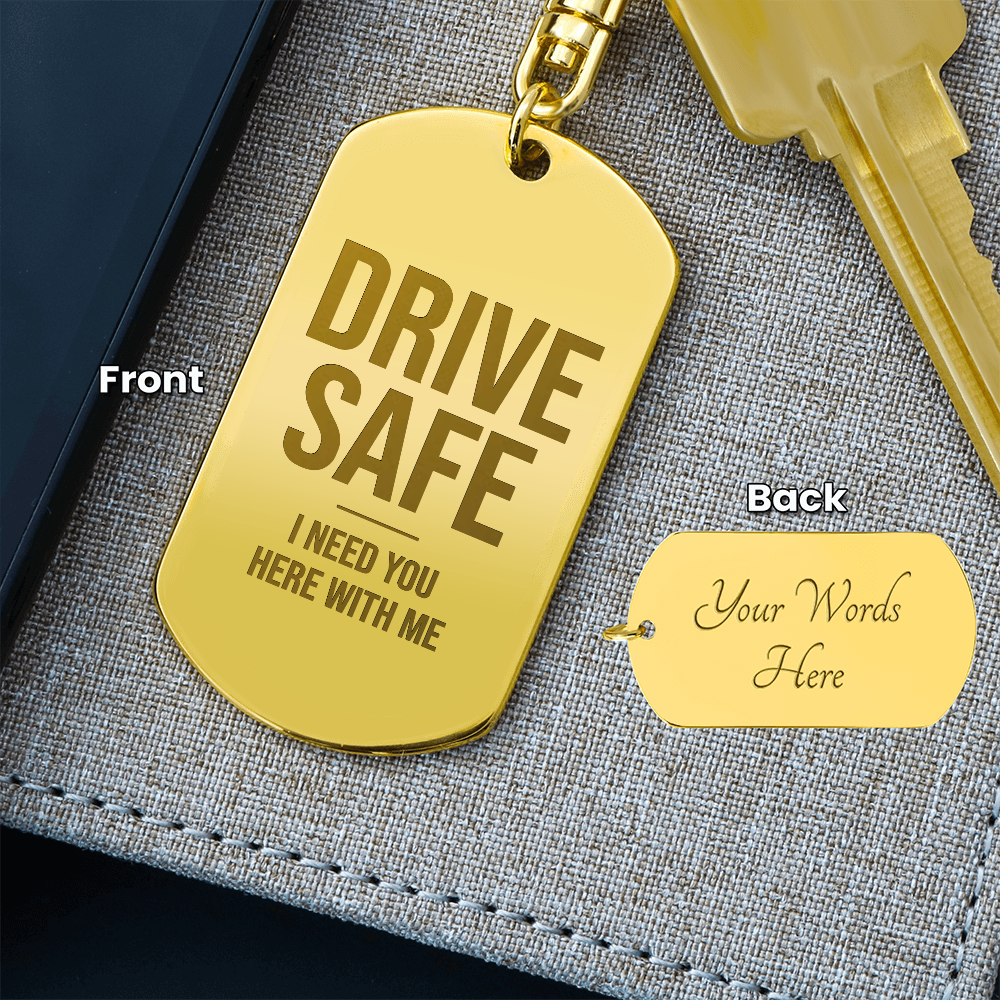 Engraved dog tag keychain for Son, 18K gold finish, front and back engraving preview