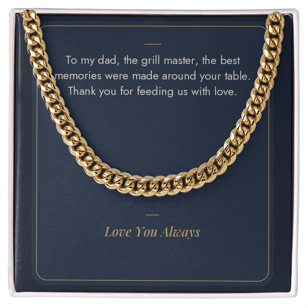 18K yellow gold Cuban link chain for dad on Grill Master message card