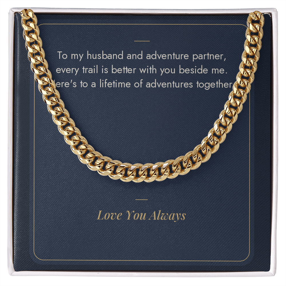 18K yellow gold Cuban link chain for husband on Adventure Partner message card