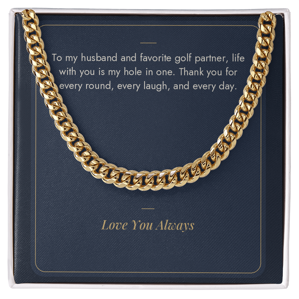 18K yellow gold Cuban link chain for husband on My Hole in One golf message card