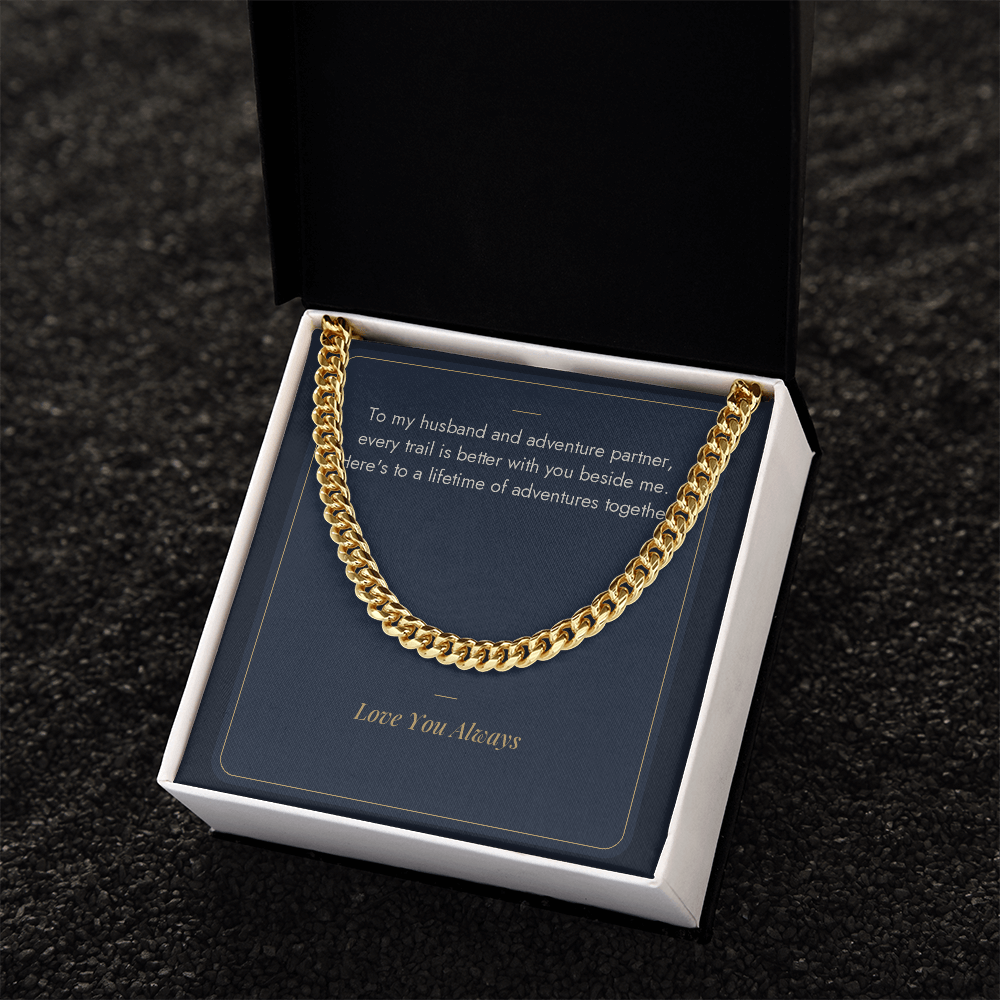 Gold Cuban link chain for husband in gift box with Adventure Partner message card