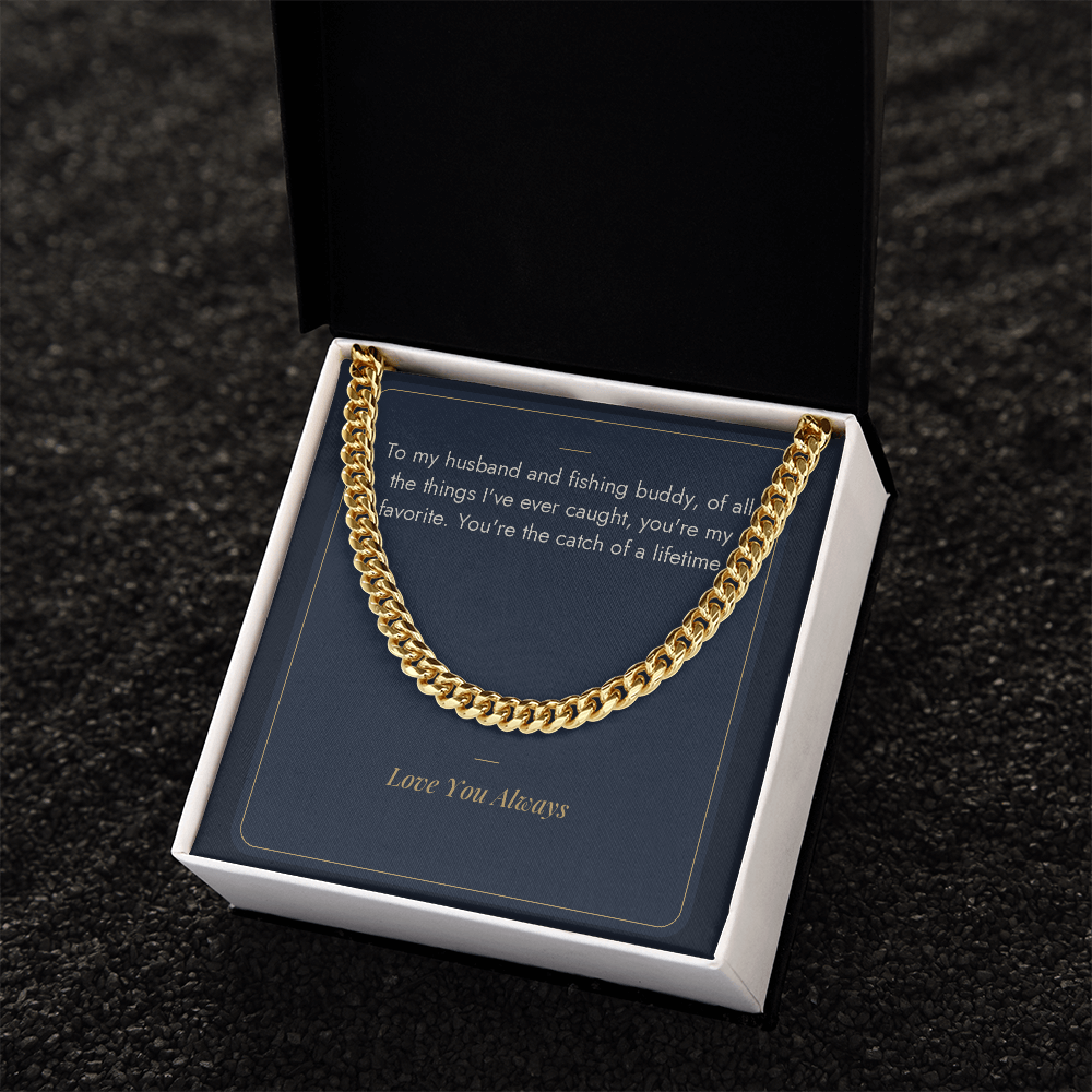 Gold Cuban link chain for husband in gift box with fishing buddy message card