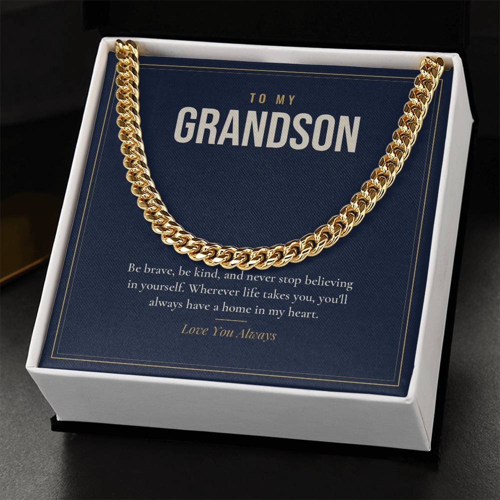 Cuban link chain for Grandson, 18k gold finish in standard box, close-up