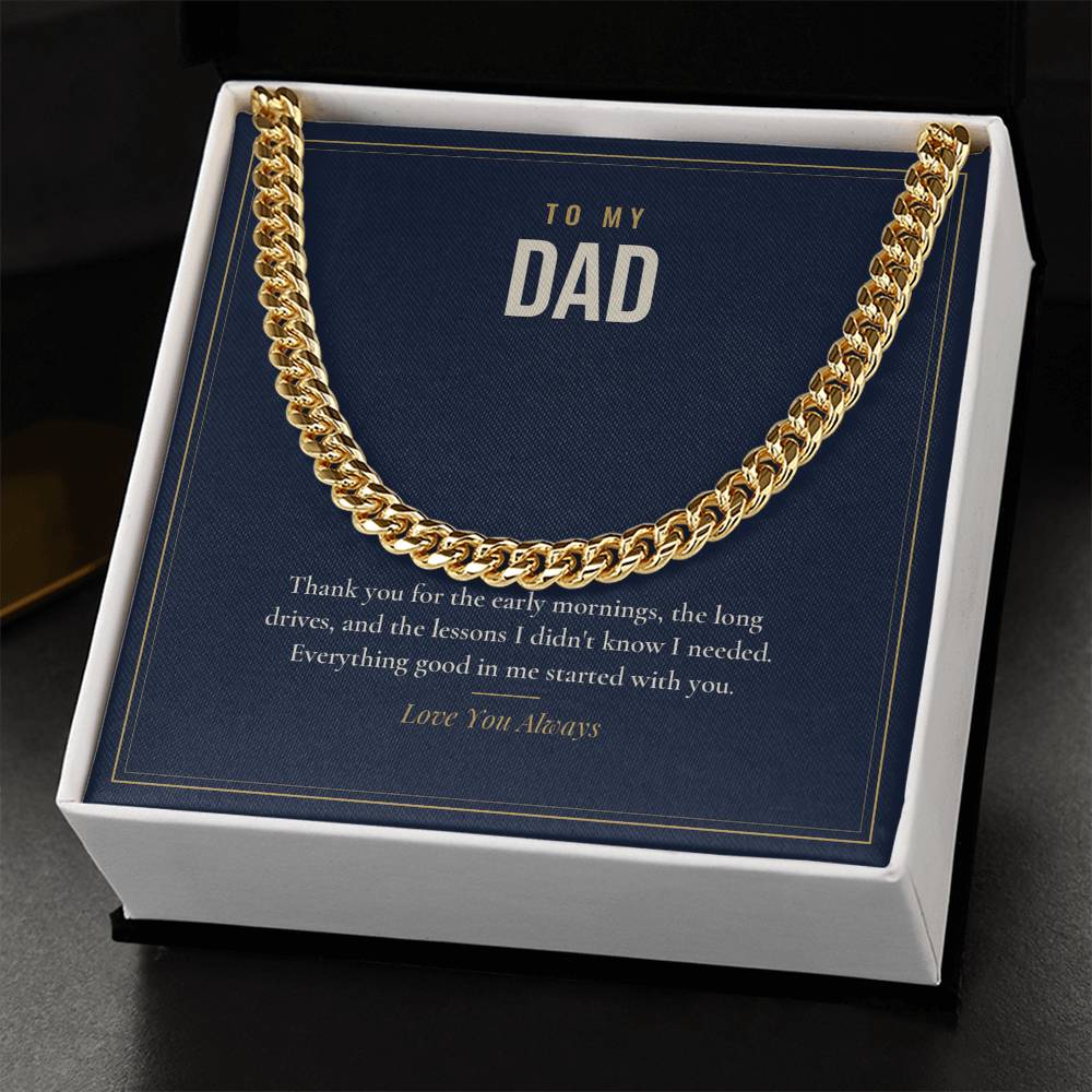 Cuban link chain for Dad, 18k gold finish in standard box, close-up