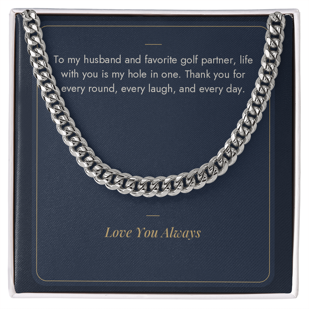 Stainless steel Cuban link chain for husband on My Hole in One golf message card