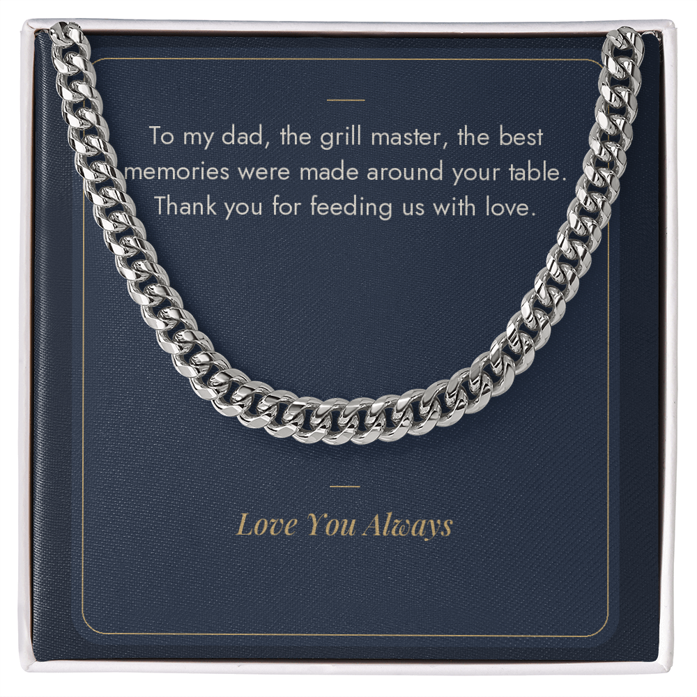 Stainless steel Cuban link chain for dad on Grill Master message card