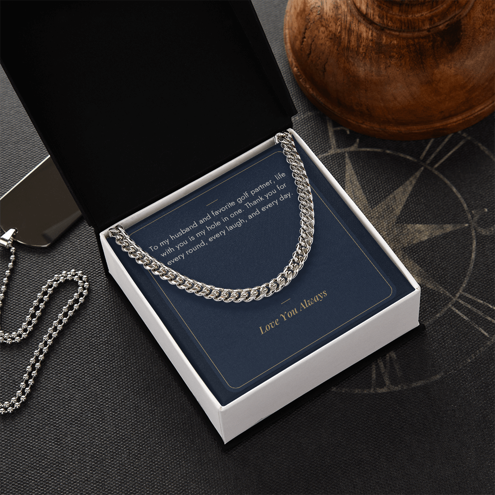 Stainless steel Cuban link chain for husband in gift box with My Hole in One golf message card