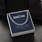 Cuban link chain for Bonus Dad, stainless steel in standard box, close-up