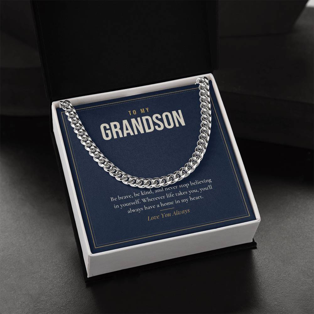 Cuban link chain for Grandson, stainless steel in standard box, close-up