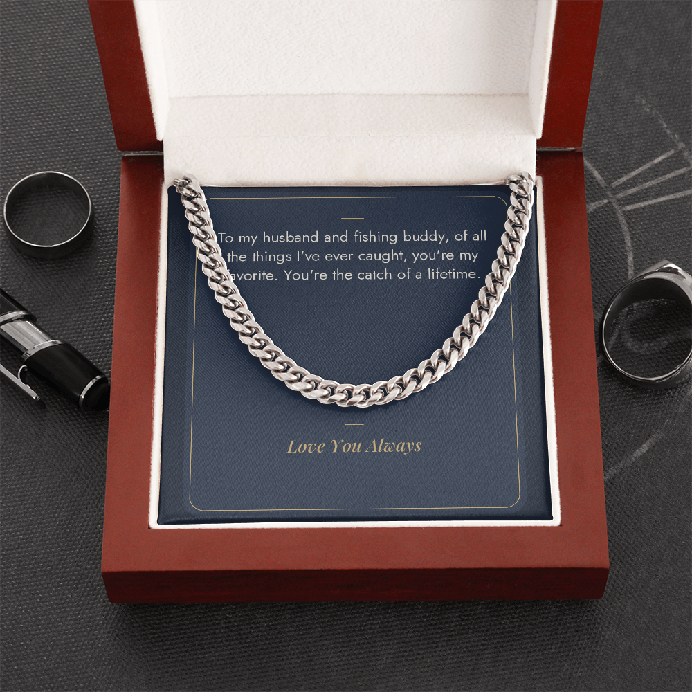 Stainless steel Cuban link chain for husband in mahogany LED luxury box with fishing message card