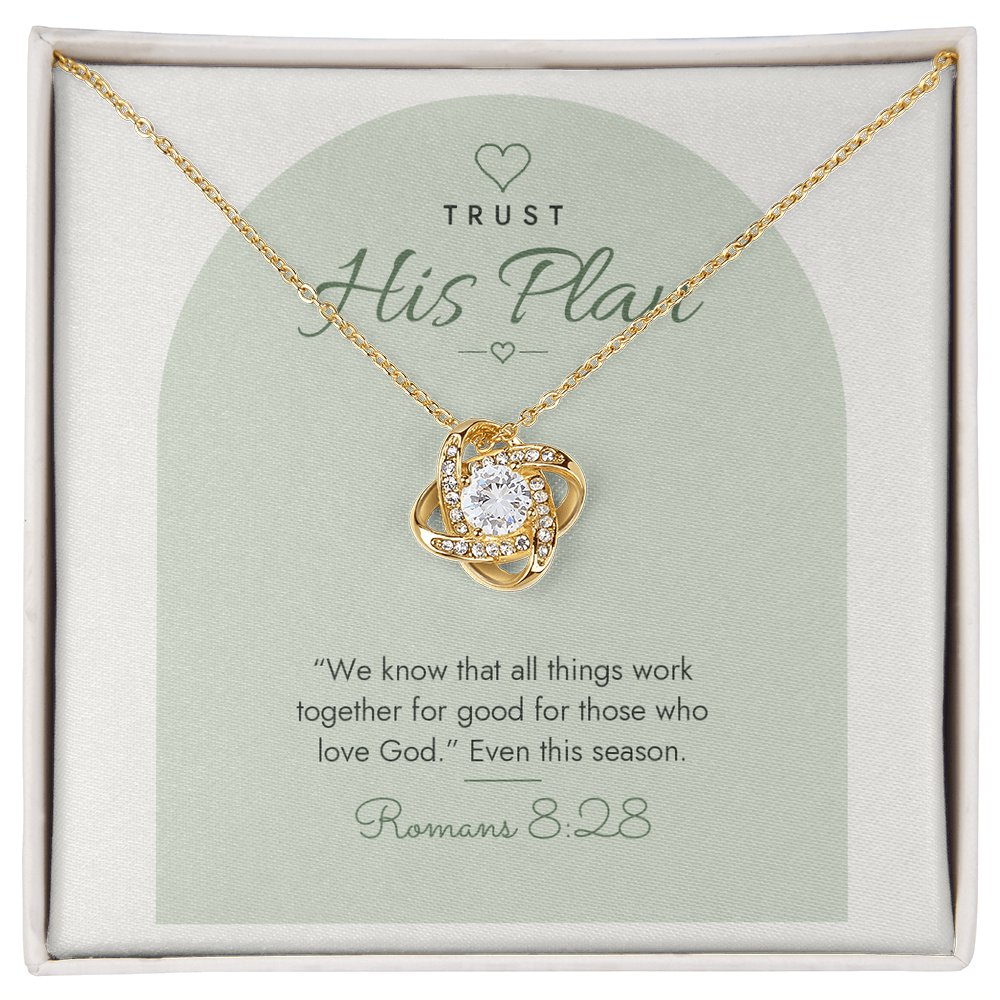 18K yellow gold finish Christian Love Knot necklace on "Trust His Plan" Romans 8:28 modern message card in two-tone standard gift box