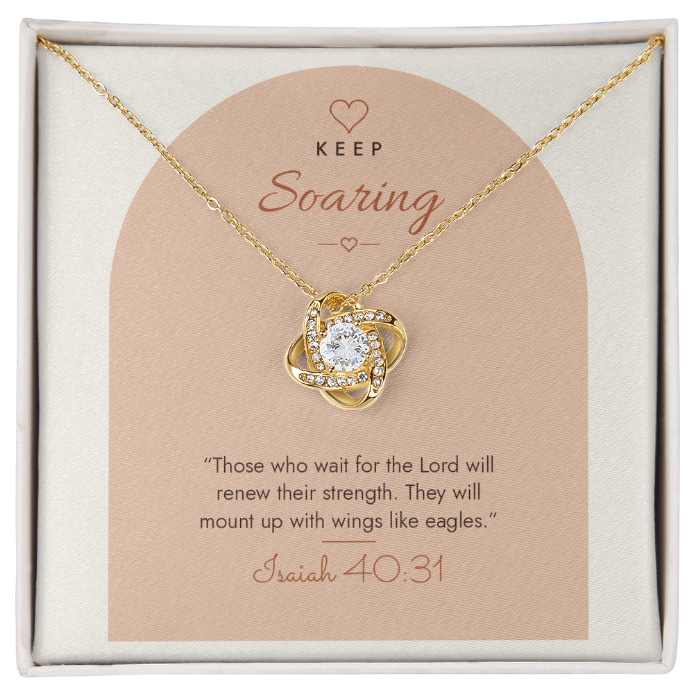 18K yellow gold finish Christian Love Knot necklace on "Keep Soaring" Isaiah 40:31 modern message card in two-tone standard gift box