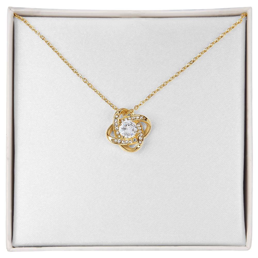 18K yellow gold finish Christian Christmas Love Knot necklace on "O Holy Night" John 3:16 message card in two-tone gift box