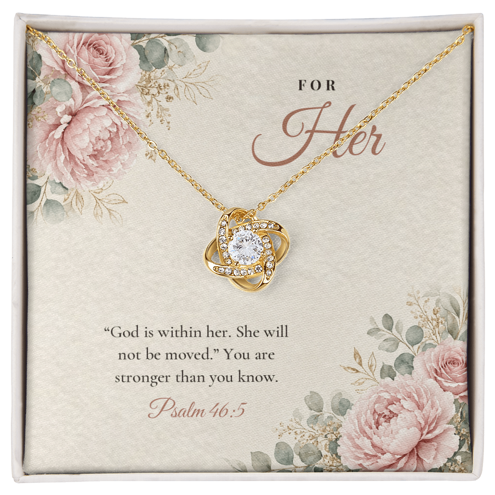 18K yellow gold finish Christian Love Knot necklace for Her on "For Her" Psalm 46:5 message card in two-tone gift box