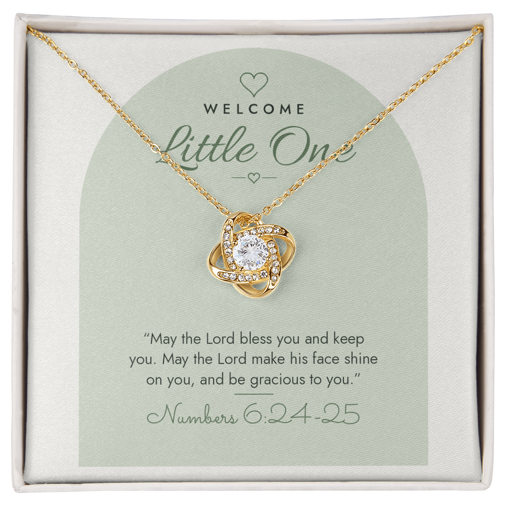 18K yellow gold finish Christian Love Knot necklace for Baby on "Welcome Little One" Numbers 6:24-25 modern message card in two-tone standard gift box