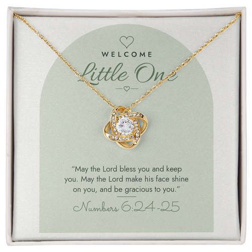 18K yellow gold finish Christian Love Knot necklace for Baby on "Welcome Little One" Numbers 6:24-25 modern message card in two-tone standard gift box