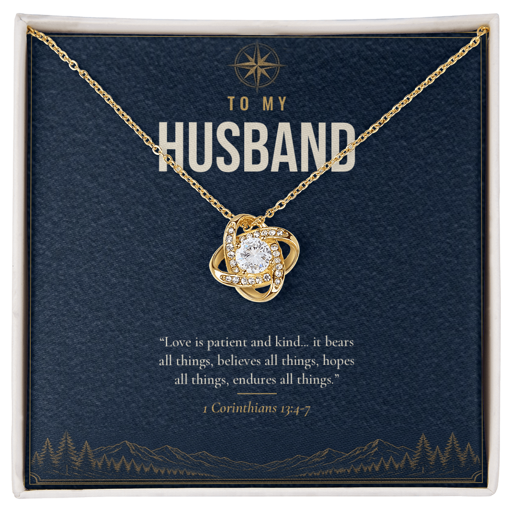 18K yellow gold finish Christian Love Knot necklace for Husband on "To My Husband" message card (1 Corinthians 13:4-7) in standard gift box with lid