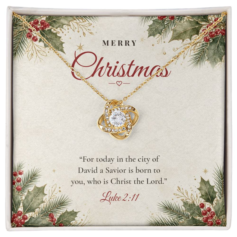18K yellow gold finish Christian Christmas Love Knot necklace on "Merry Christmas" Luke 2:11 message card in two-tone gift box