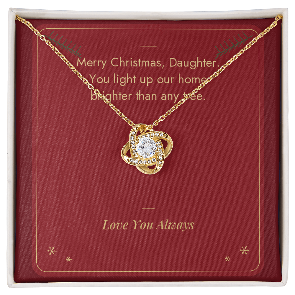 Christmas Love Knot necklace for daughter in yellow gold finish on Merry Christmas Daughter message card