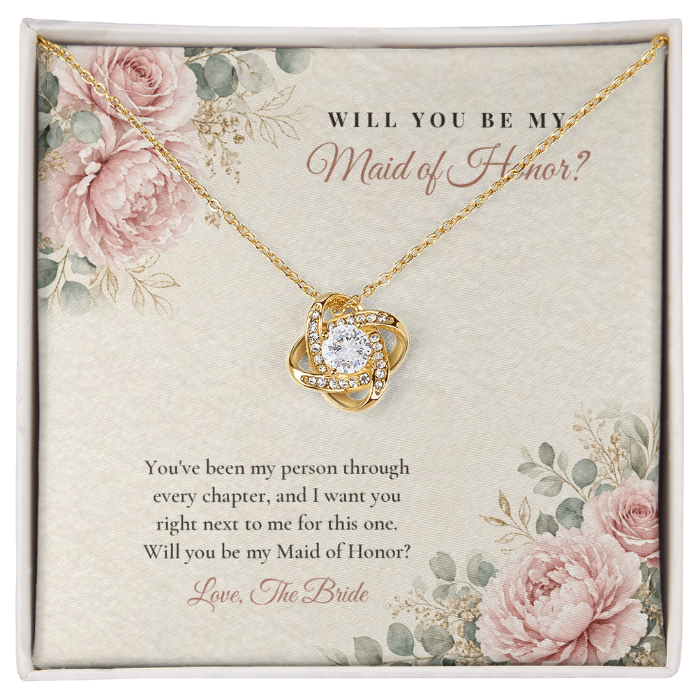 18K yellow gold finish Maid of Honor Proposal Love Knot necklace for Maid of Honor on "Will You Be My Maid of Honor?" message card in standard gift box with lid