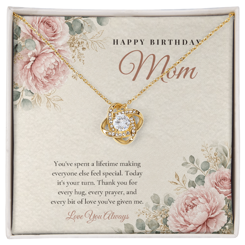 18K yellow gold finish Birthday Love Knot necklace for Mom on "Happy Birthday Mom" message card in standard gift box with lid