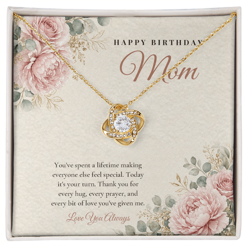 18K yellow gold finish Birthday Love Knot necklace for Mom on "Happy Birthday Mom" message card in standard gift box with lid