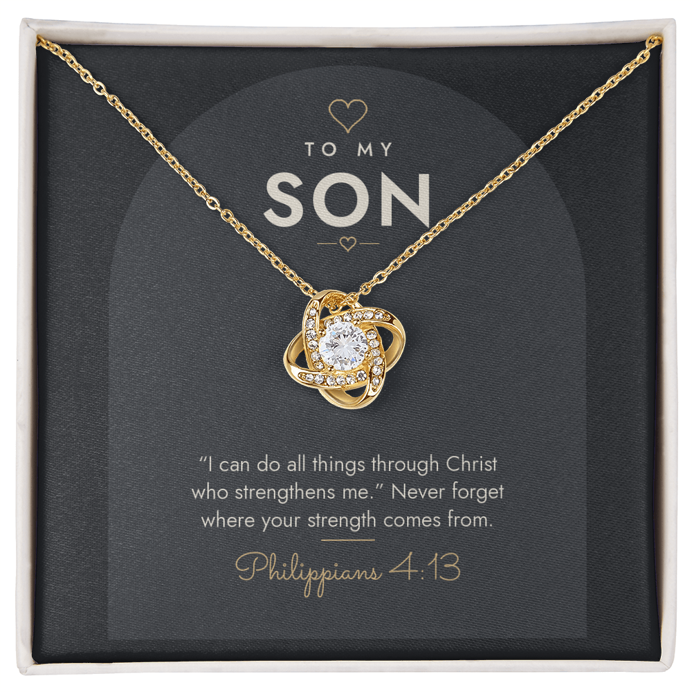 18K yellow gold finish Christian Love Knot necklace for Son on "To My Son" Philippians 4:13 modern message card in two-tone standard gift box