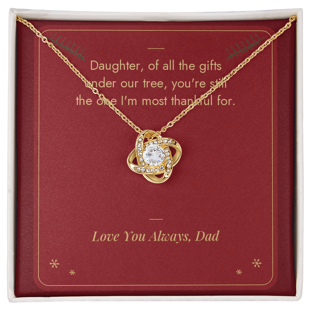Christmas Love Knot necklace for daughter from Dad in yellow gold finish on Under Our Tree message card