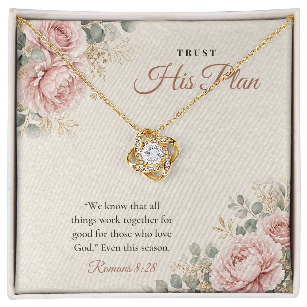 18K yellow gold finish Christian Love Knot necklace on "Trust His Plan" Romans 8:28 message card in two-tone gift box