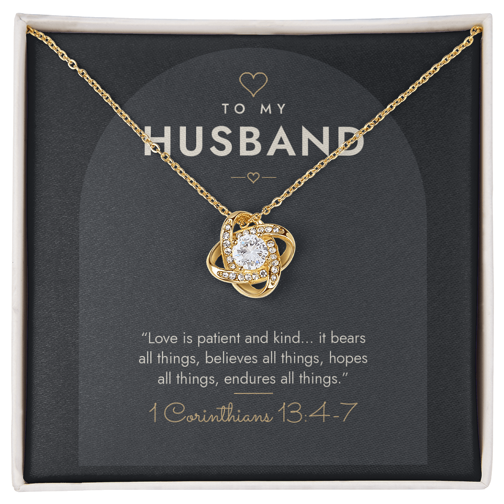 18K yellow gold finish Christian Love Knot necklace for Husband on "To My Husband" 1 Corinthians 13:4-7 modern message card in two-tone standard gift box