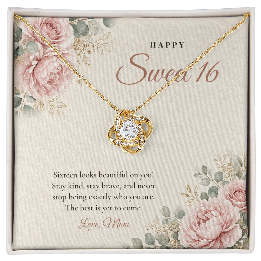 18K yellow gold finish Sweet 16 Love Knot necklace for Daughter on "Happy Sweet 16" message card in standard gift box with lid