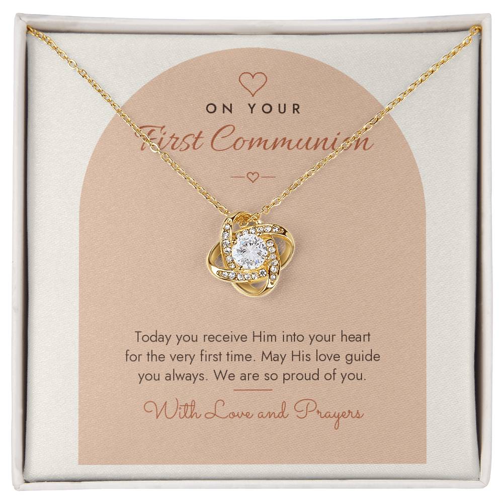 First Communion Love Knot Necklace – Modern Card