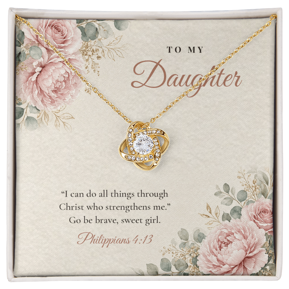 18K yellow gold finish Christian Love Knot necklace for Daughter on "To My Daughter" Philippians 4:13 message card in two-tone gift box