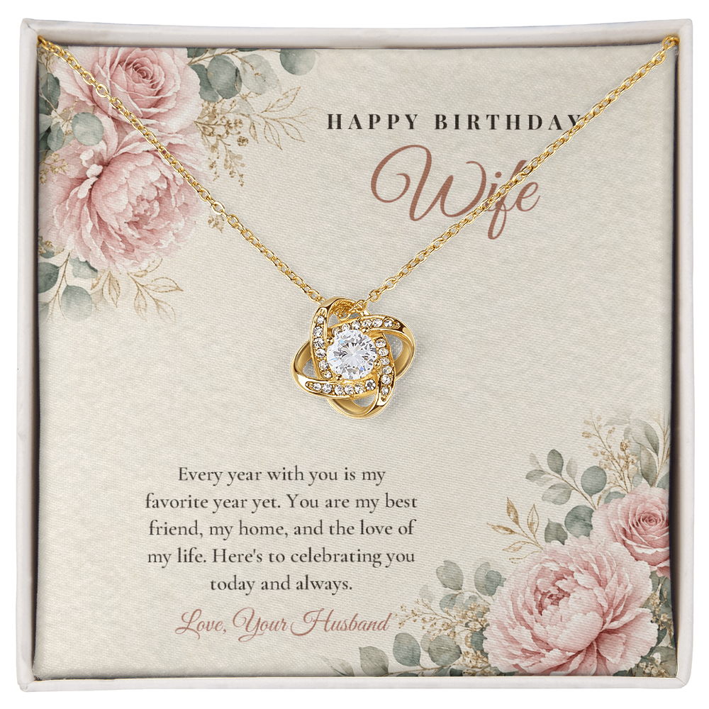 18K yellow gold finish Birthday Love Knot necklace for Wife on "Happy Birthday Wife" message card in standard gift box with lid
