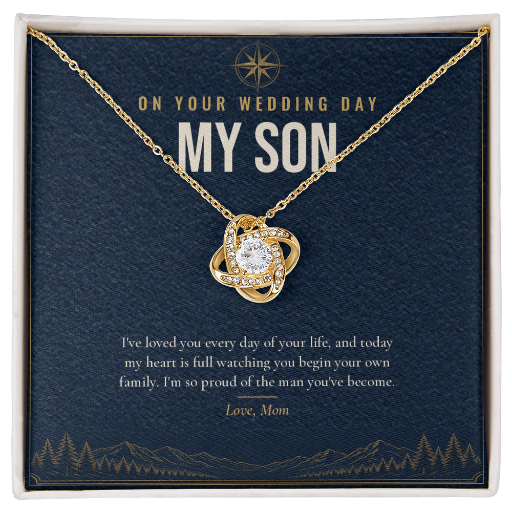18K yellow gold finish Wedding Day Love Knot necklace for Son on "On Your Wedding Day My Son" message card in standard gift box with lid