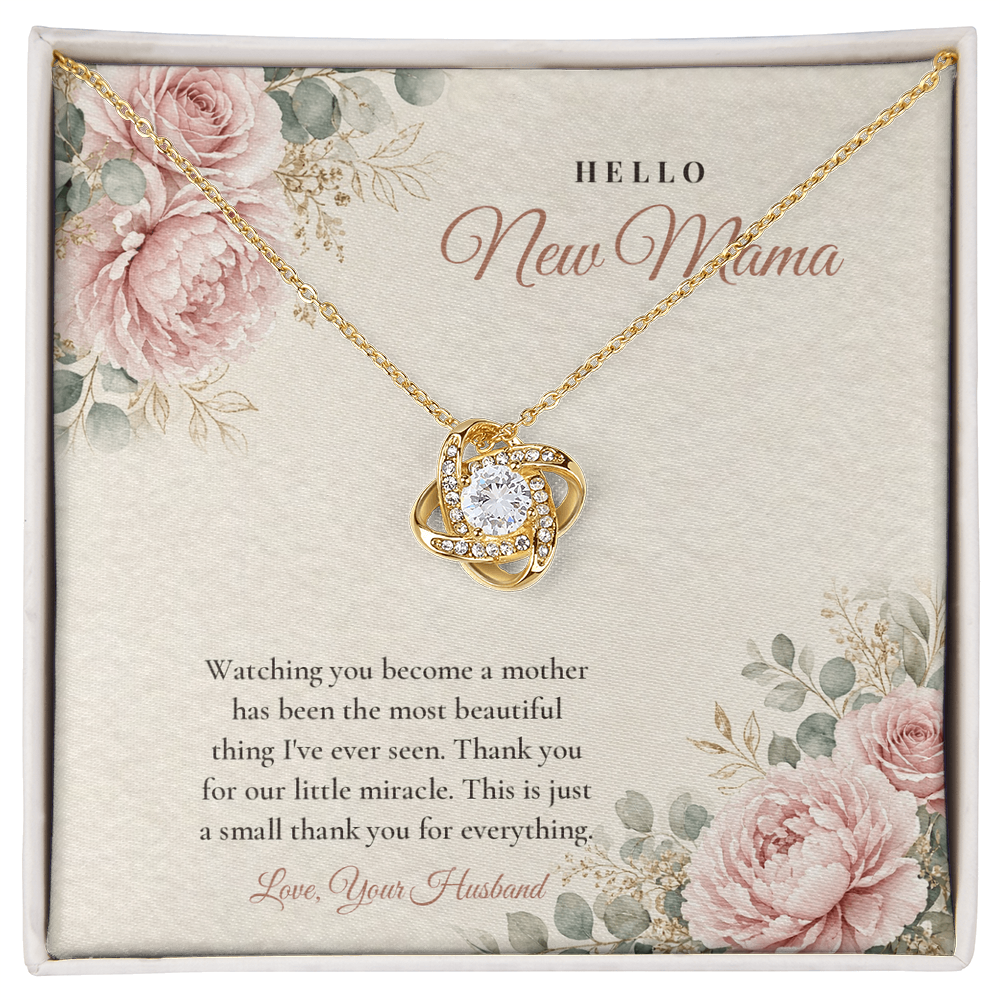 18K yellow gold finish Push Present Love Knot necklace for New Mom on "Hello New Mama" message card in standard gift box with lid